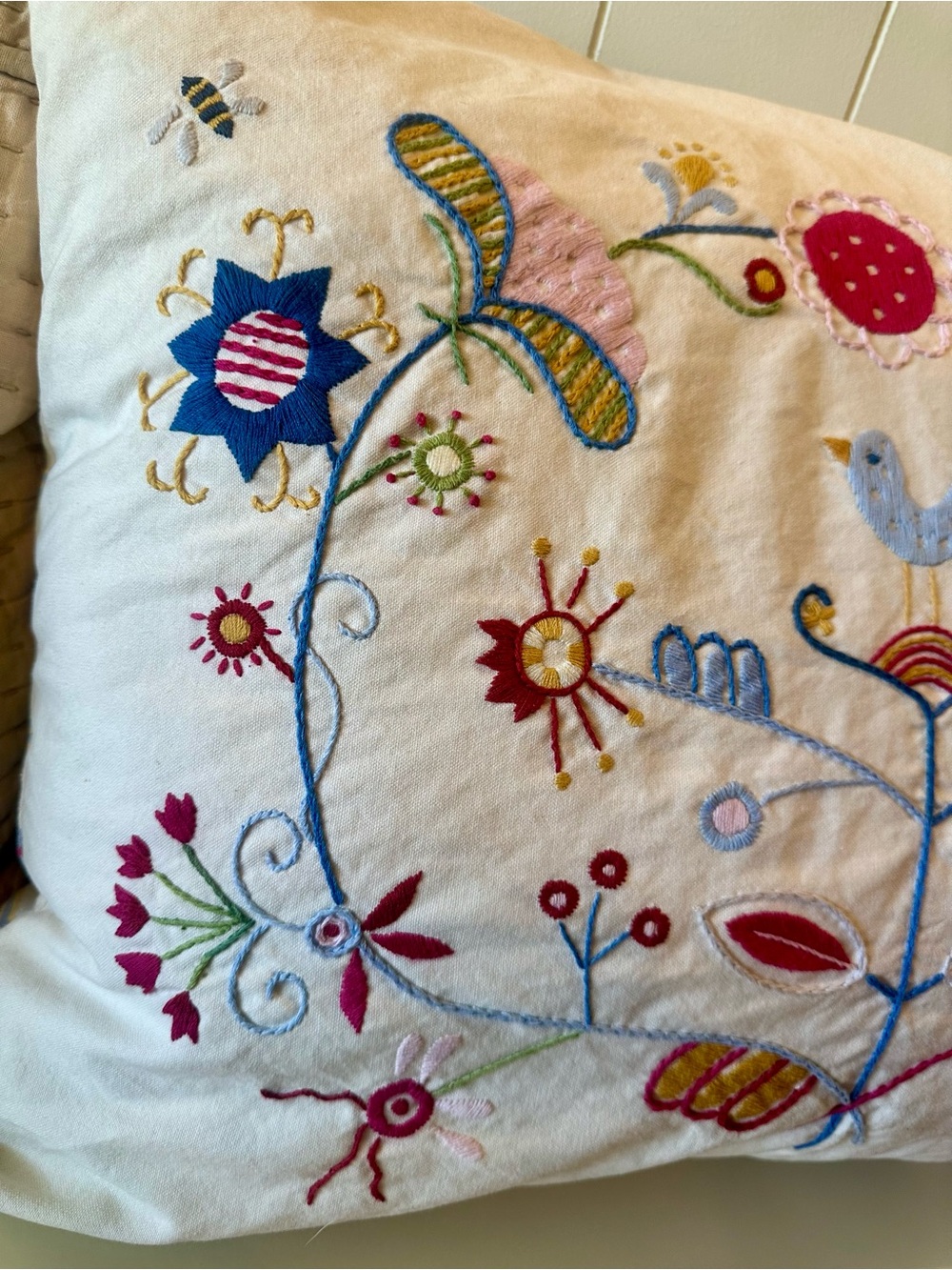 IKEA Embroidered White Accent Pillow with Blue, Pink, Yellow and Red Accents - Picture 4 of 6